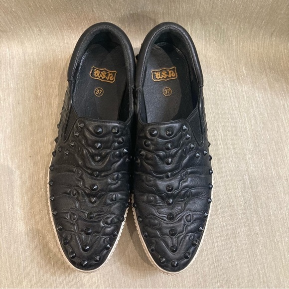 ASH Sz 37 Leather Studded Pointy Toe Slip On Rubber Sole Comfort Shoes Loafers - Picture 3 of 10